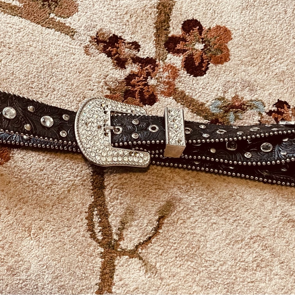 black leather bling belt